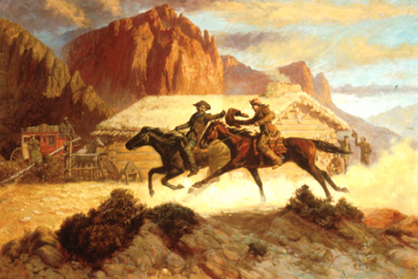 Paperback book cover for a western by illustrator Shannon Stirnweis, showing a handoff between two Pony Express riders with a log cabin station office and corral and majestic mountain range and western sky in backgroung
