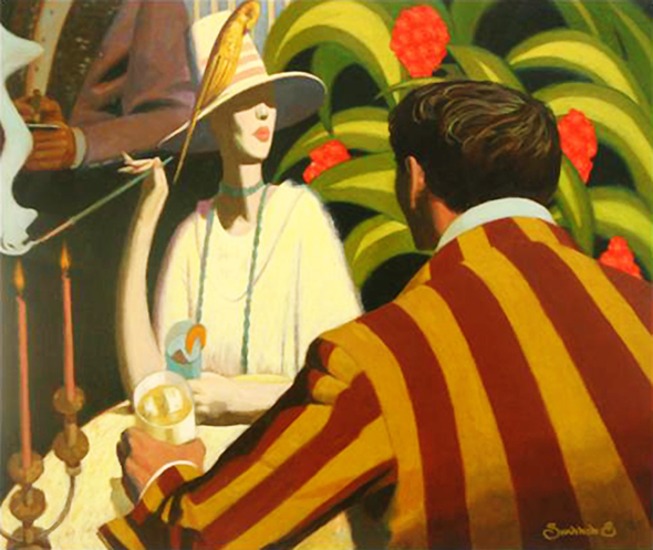 experimental, highly stylized painting by illustrator Shannon Stirnweis, distorting shapes and perspective, going for surreal look, exaggeration, showing couple at table in posh restaurant