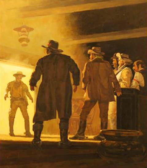 art for western paperback book cover by illustrator Shannon Stirnweis, showing gunslinger who's just entering swinging doors to saloon and is confronting several cowboy outlaw bad guys who are about to draw their guns