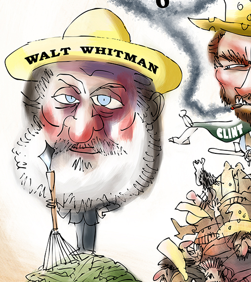 caricature detail image of famous American poet Walt Whitman who wrote Leaves of Grass and O Captain! My Captain! about the death of Abraham Lincoln