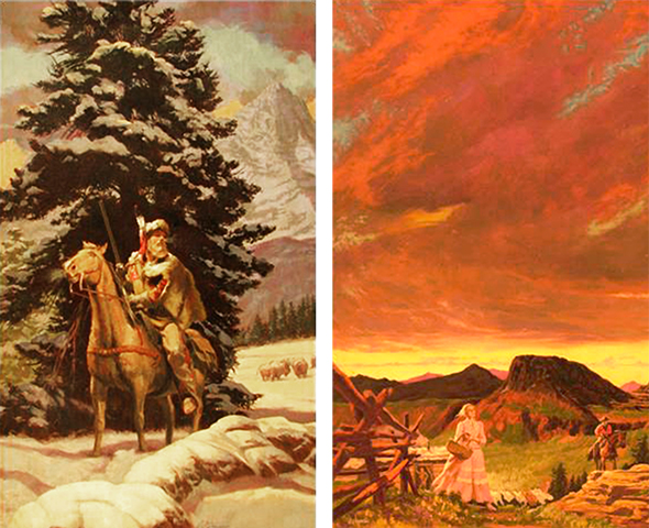 two illustrations by Shannon Stirnweis for western paperback books, one showing a snow winter scene with a mountain man fur trapper on his horse with a rifle, the other a cabin and corral and a homesteader couple with mountains and brooding red western sky in background