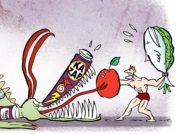 detail image of cartoon illustration showing dragon representing food myths involving brown sugar, sea salt, superfood blueberries, caffeine and energy drinks, vitamin supplements, need to drink 8 glasses of water, and gladiator is fighting dragon with good food represented by apple shield and fish and spinach sword