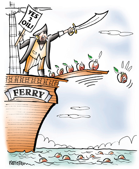 PlankWalk cartoon illustration for law and politics magazine showing pirate ship as ferry, pirate captain as Alaska with sword and Yes To Oil sign, making Washington State apples walk the plank and fall in ocean