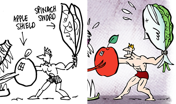 comparison of rough sketch showing gladiator with spinach leaf sword and revision showing a fish added to the spinach leaves because editor wanted to include fish as a symbol of good healthy food