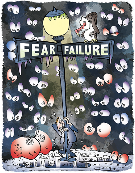 humorous illustration for The Partner Channel Magazine showing a frightened man standing on the corner of Fear & Failure by a lamppost at night with a vulture staring down at him and he's being watched by spooky eyes in the night and he's paralyzed with fear of making a mistake