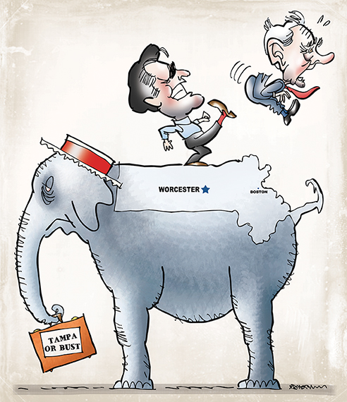 MittKick.fullsize cover illustration for Worcester Magazine alternative newsweekly showing United States presidential candidate Mitt Romney kicking Ron Paul off the back of an elephant with map of Massachusetts and suitcase referencing delegates going to Republican National Convention in Tampa, Florida