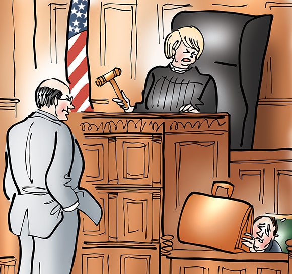 ShyWitness.detail1 detail image from humorous illustration for Massachusetts Lawyers Weekly showing courtroom with prosecuting lawyer standing in front of female judge's bench and lawyer and judge are both looking at second lawyer who's under investigation and is hunched down in the witness box, embarrassed about having to testify and trying to hide behind his big lawyer's briefcase