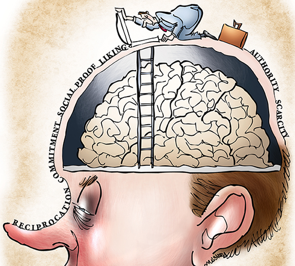detail image of humorous illustration for Partner Channel magazine about salesmanship and making sales and marketing skills and six essential traits needed for getting inside customer's head, showing salesman with briefcase opening trapdoor on man's head and about to descend ladder down into man's cranium to access his brain