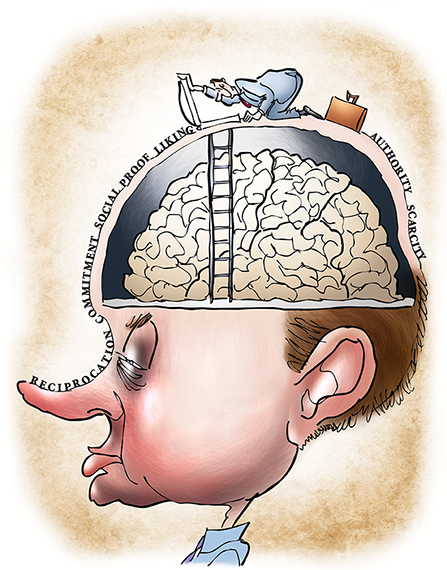humorous illustration for Partner Channel magazine about salesmanship and making sales and marketing skills and six essential traits needed for getting inside customer's head, showing salesman with briefcase opening trapdoor on man's head and about to descend ladder down into man's cranium to access his brain