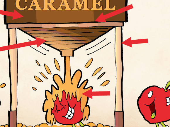 humorous illustration for St. Croix Chocolate Company showing apples walking under big tank of caramel sauce, getting squirted and becoming happy caramel apples, detail image of illustration after being imported to Adobe Illustrator and turned into vector drawing and .ai file by using Live Trace and doing color correction