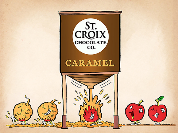 humorous illustration for St. Croix Chocolate Company showing apples walking under big tank of caramel sauce, getting squirted and becoming happy caramel apples, promotional art for fall festival called Caramelpalooza