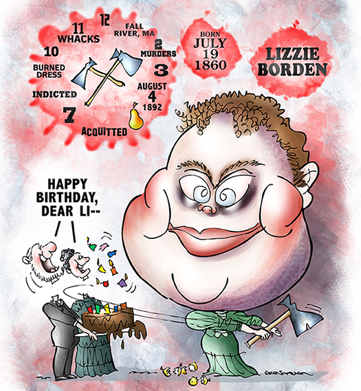 caricature of Lizzie Borden who was tried and acquitted for the ax murders of her mother and father in Fall River, Massachusetts