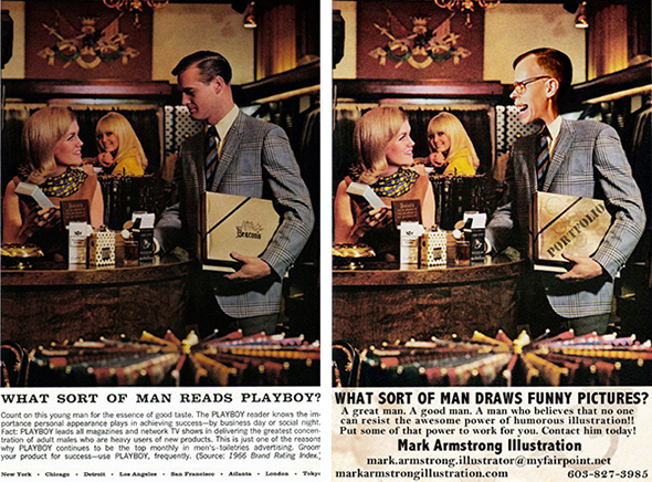 Before and After images of an old print ad for Playboy Magazine showing original ad and manipulated image substituting illustrator Mark Armstrong and his coffee-stained portfolio chatting up beautiful blonde
