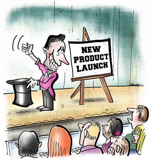PressConference cartoon illustration for blog post about reporters attending hi-tech computer product new release press conference and frustration of finding no real news because product details already leaked to some media outlet