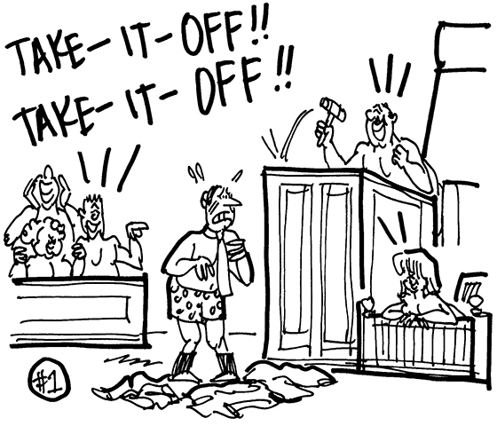 cartoon showing courtroom scene where judge, witness, and jury members are naked and calling for lawyer to take it off, he's reluctantly stripping off his clothes, lawsuit involving cosmetic firm and lingerie manufacturer disputing each other's right to use the word naked in their product line