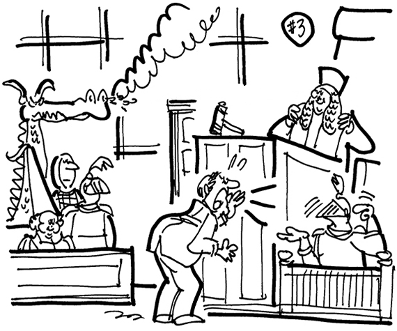 rough sketch for cartoon illustration for legal publication Inside Counsel Magazine for their Strange Suits feature case involving rival dinner theater restaurants with medieval knight theme shows, courtroom scene with lawyer yelling at knight in suit of armor, judge in long Brutish-style wig, jury composed of knights, fair maiden, and dragon billowing smoke