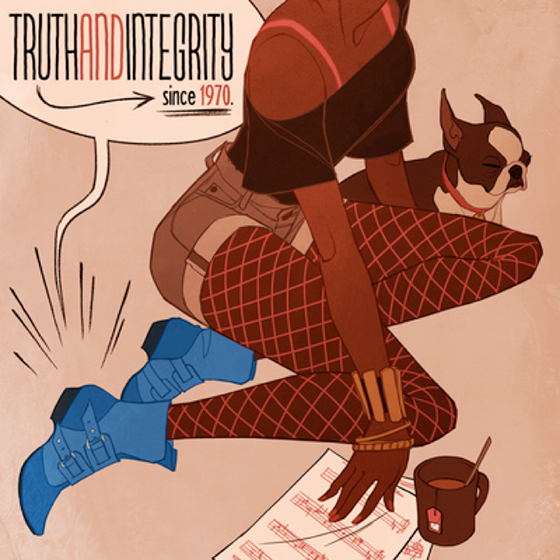 winning design for Fluevog Shoes poster advertisement contest for shoe called Truth Genevieve showing young woman wearing the shoe and she's also wearing shorts and tights and has a cute little dog and a cup of tea