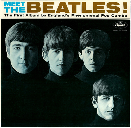cover of The Beatles' first American LP showing John Lennon, George Harrison, Paul McCartney, and Ringo Starr, all wearing black turtlenecks with only left side of their faces lit, right side in shadow