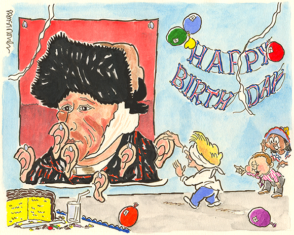 scan of cartoon done with markers and watercolor showing kids at birthday party playing pin the ear on painter vincent van gogh instead of traditional pin the tail on the donkey party game