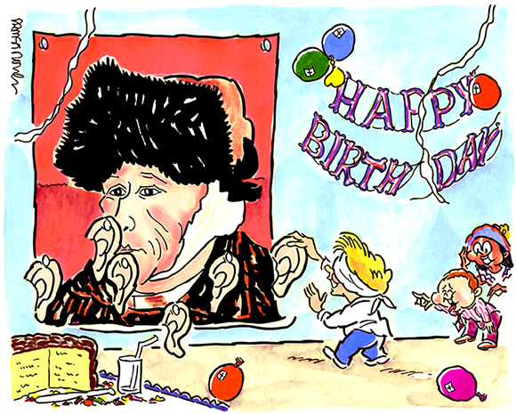 cartoon done with markers and watercolor after being cleaned up and modified in Adobe Photoshop to brighten colors and smooth away grain, cartoon shows kids at birthday party playing pin the ear on painter vincent van gogh instead of traditional pin the tail on the donkey party game