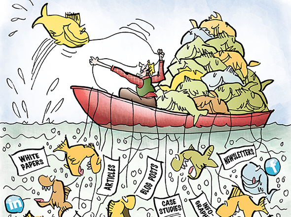 detail image of illustration for Partner Channel about sales and marketing and using sales and online media tools to attract customers, guy fishing in boat using sales tools as bait to attract and catch fish