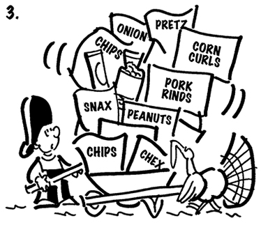 third cartoon panel of Thanksgiving comic strip about Busker the street musician and he's carrying ax and is looking with amazement as turkey goes by with wheelbarrow full of potato chips, chex mix, peanuts, pretzels, pork rinds and other greasy snacks