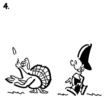 fourth cartoon panel of Thanksgiving comic strip about Busker the street musician and turkey is motioning him in particular direction, indicating right this way, sir, after you