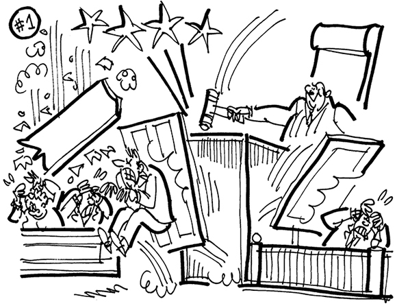 cartoon illustration for strange lawsuit involving windblown plywood that caused injury, judge slamming gavel causing panels of judge's bench to fly off and hit lawyer and witness, and ceiling to fall on jurors