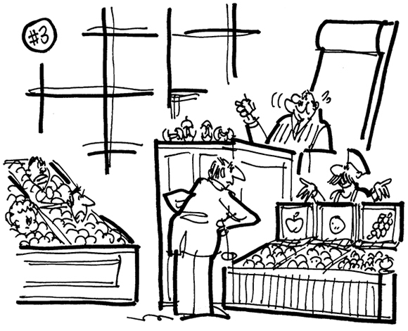 cartoon illustration about lawsuit involving Apple Computer and a Polish grocer's website domain name, grocer in witness box using computer screens as signs for his fruit bins, judge eating apples, jurors buried in fruit bins