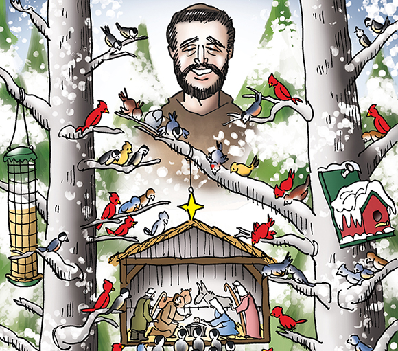 detail image for Christmas cover illustration for Inland Register Spokane's Catholic diocesan newspaper showing snowy wooded winter outdoor setting, birds in trees with feeders looking at tiny creche Nativity scene with Joseph, Mary, Baby Jesus, shepherds, with Saint Francis of Assisi smiling down on everyone