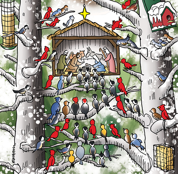 detail image of Christmas cover illustration for Inland Register Spokane's Catholic diocesan newspaper showing snowy wooded winter outdoor setting, birds in trees with feeders looking at tiny creche Nativity scene with Joseph, Mary, Baby Jesus, shepherds, with Saint Francis of Assisi smiling down on everyone