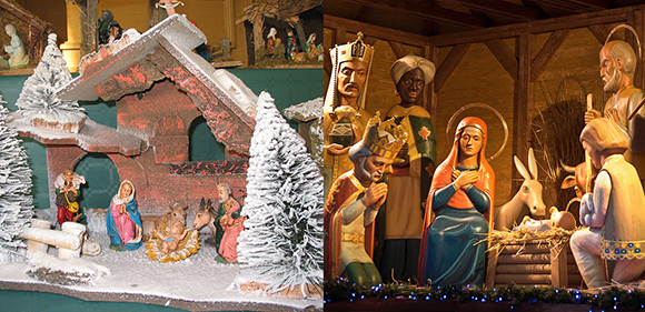 images of Christmas creches which are representations of the Bethlehem manger and the Nativity and the birth of Jesus Son of God and include figures of Mary, Joseph, Baby Jesus, shepherds, sheep, animals, and the Wise Men, Magi, Three Kings