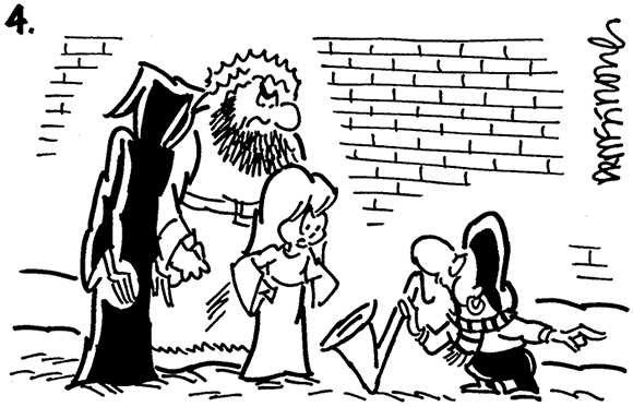 fourth panel of 4-panel Christmas cartoon about Busker a street musician who plays the saxophone, when Scrooge won't give him any money, Busker whistles and calls in Charles Dickens' three spirits from A Christmas Carol to go haunt Scrooge