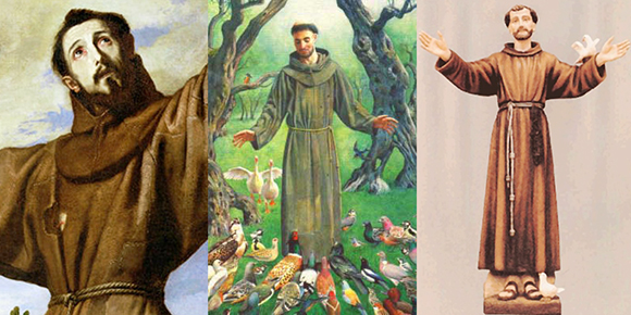 images of famous catholic friar and saint Saint Francis of Assisi who supposedly preached to birds and animals and is associated with nature and the environment and all God's creation, his statue is often found in people's gardens
