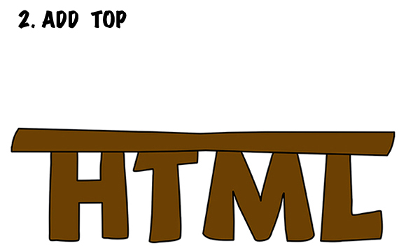 illustration showing the letters HTML as legs of a table with a slab on top of them for the table top for a joke about building an HTML table