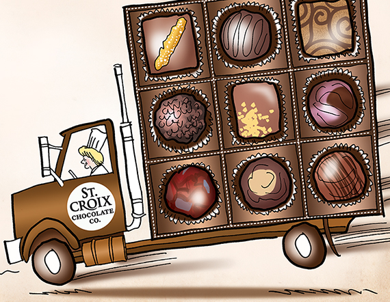 detail image of illustration for St. Croix Chocolate Company showing truck that looks like a box of chocolates being driven on open road en route to Chicago Fine Chocolate Trade Show