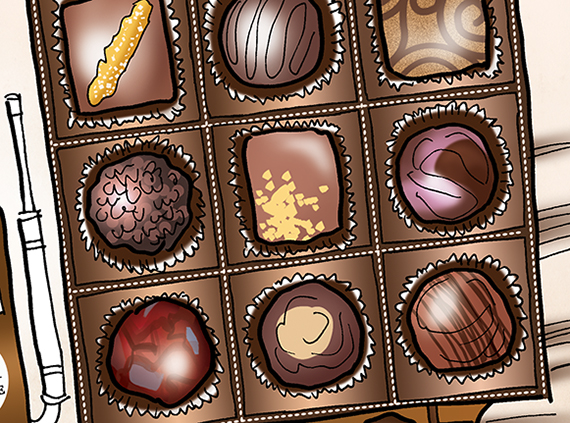 detail image of illustration for St. Croix Chocolate Company showing truck that looks like a box of chocolates being driven on open road en route to Chicago Fine Chocolate Trade Show