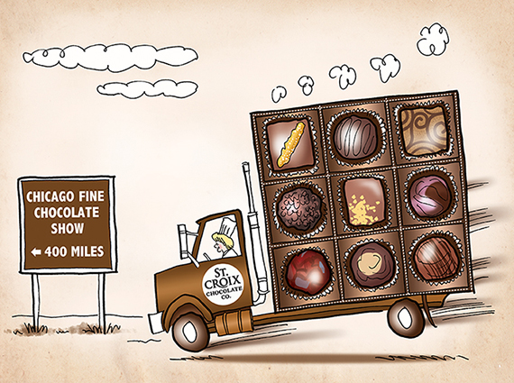 illustration for St. Croix Chocolate Company showing truck that looks like a box of chocolates being driven on open road en route to Chicago Fine Chocolate Trade Show