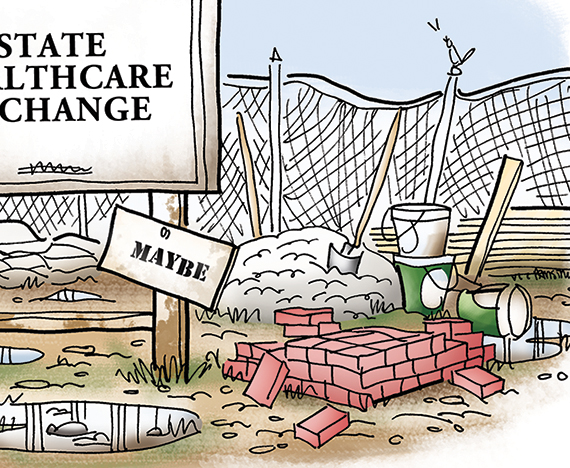 detail image for illustration about Obamacare new national healthcare law and how states are supposed to provide state healthcare exchanges for those who can't buy health insurance through employer showing abandoned construction site with wheelbarrow, bricks, lumber, crushed stone, shovels, building materials, sagging fence, standing water
