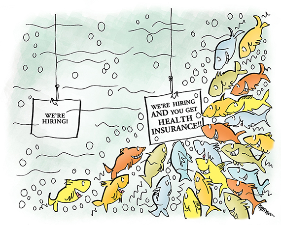 illustration about Obamacare new national healthcare law and its impact on employers how employers may want to offer health insurance in order to attract better employees and job applicants fish hooks saying we're hiring and sign offering health insurance is attracting large school of fish