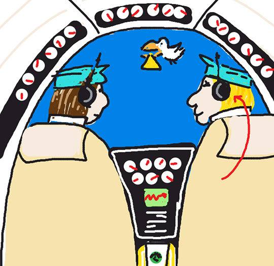 Draw Something image for word HEADSET showing airplane cockpit with pilot and co-pilot and stork with baby bundle flying past window