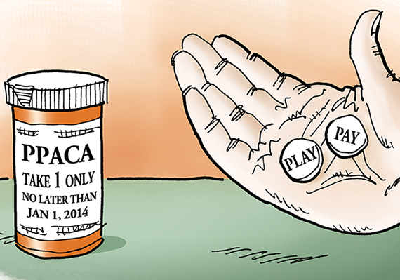 detail image for illustration about impact of new national healthcare law on employers, companies that employ 50 or more people must decide by January 1, 2014 whether to Play or Pay, whether to offer health insurance to every employee, or pay a fine to the federal government