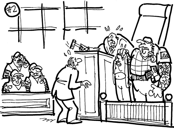 cartoon illustration for strange lawsuit about man who sued Spike TV and its Big Easy Justice reality show for falsely accusing him of auto theft; poor witness being held up by ruthless bounty hunter Tat-2; jury dressed like Tat-2 with microphones, blu-tooth communication devices, baseball caps and tattoos on arms