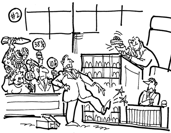 cartoon illustration for strange lawsuit shoe designer Charles Philip sued Gap for selling cheap knockoff of his trademark luxury loafers; lawyers pointing to shoe which is hurting his foot; judge shining his shoes; jury holding up shoes with shoe size signs; clown holding up long shoe with size 38