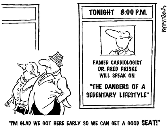 cartoon showing wealthy affluent older couple attending a lecture by cardiologist on dangers of sedentary they're glad they got there early to get good seat