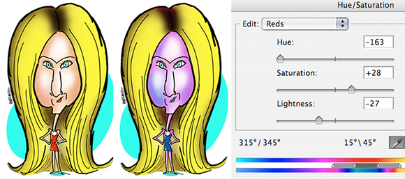 Jennifer Aniston caricature before and after adjusting Reds in Photoshop using Hue Saturation adjustment layer