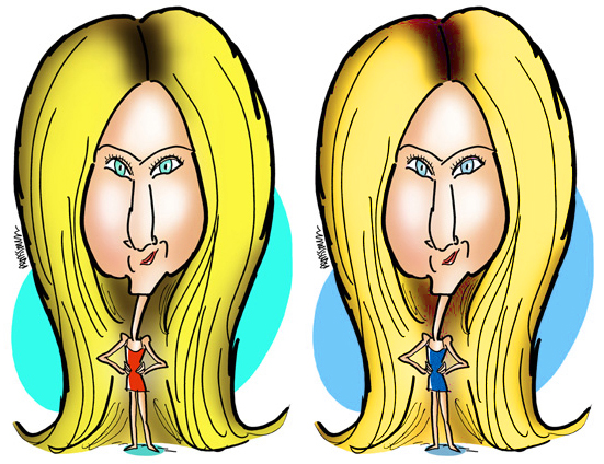 Before and after comparison of Jennifer Aniston caricatures after applying Hue Saturation color adjustment and a mask in Photoshop