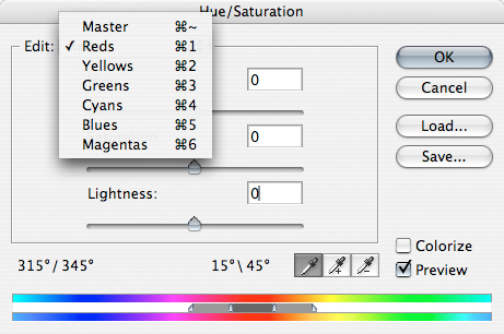 Photoshop Hue Saturation Window with sliders and drop down menu displaying individual color channels which can be adjusted