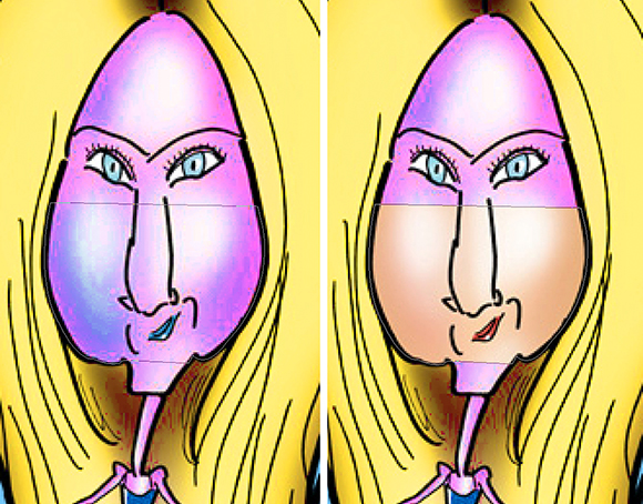 Jennifer Aniston caricature compare showing area selected by Photoshop Pen tool to be masked and result after filling that area with black and masking it out