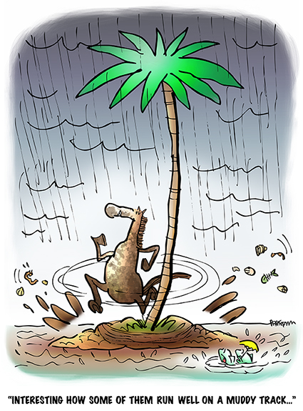 cartoon inspired by Kentucky Derby horse on desert isle running around palm tree in rain splashing mud, fish observing that some horses run well on muddy track